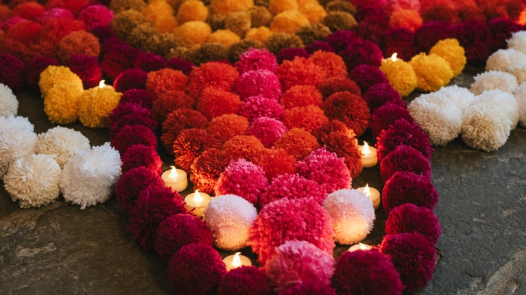 Pom-pom rangoli decoration in the Great Hall, East Riddlesden Hall, Yorkshire